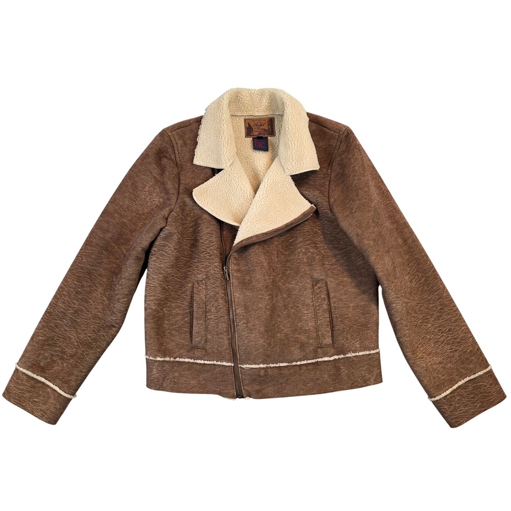 Ralph Lauren Wild Frontier Brown Faux Suede Sherpa Lined Moto Jacket Large